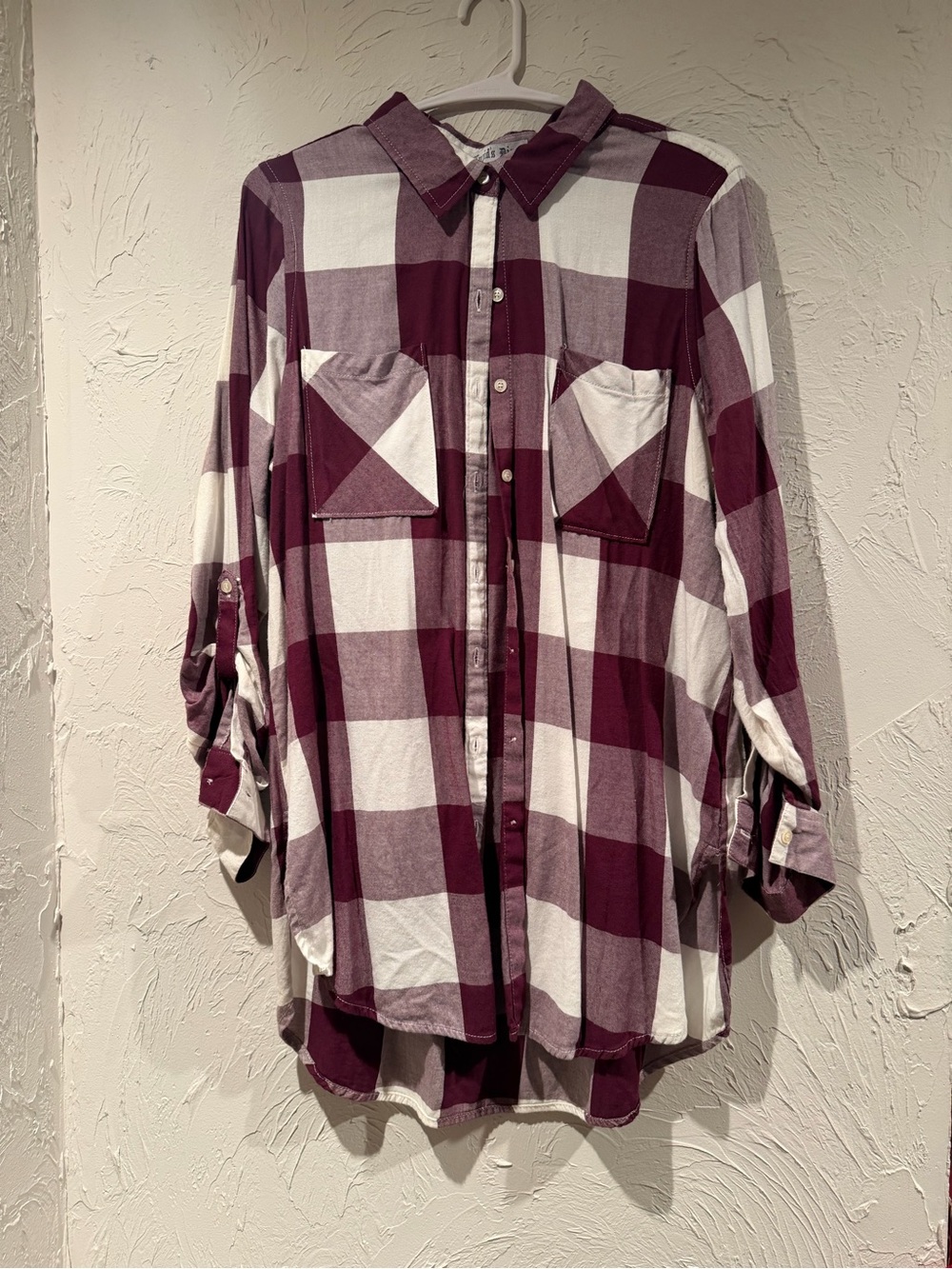 Relaxed Burgundy & White Plaid Button-Down Shirt